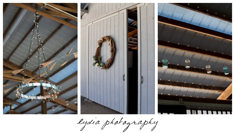 Wreath at vintage travel barn wedding in Sebastopol, California