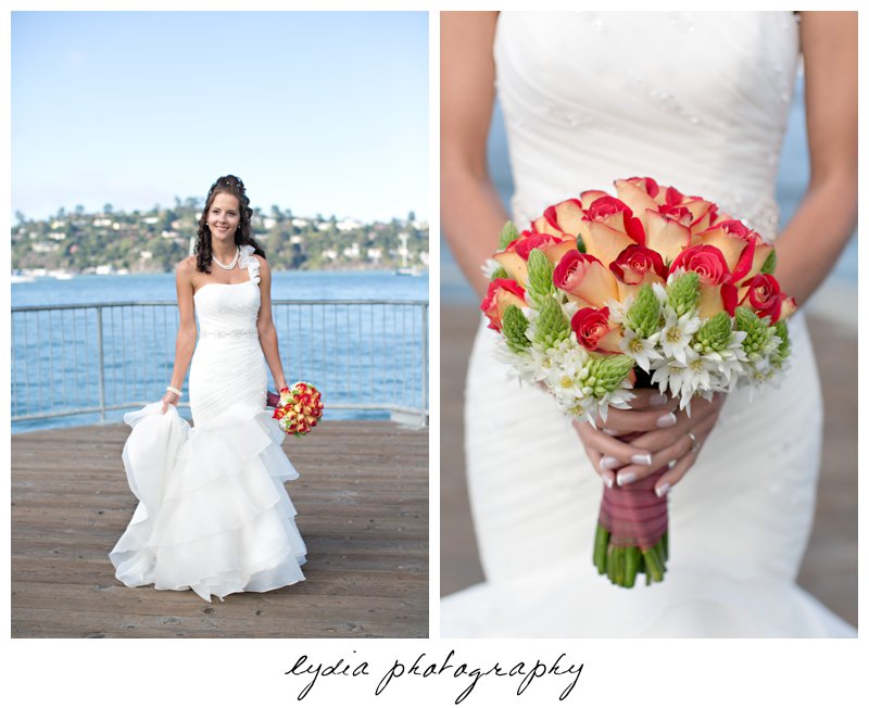 Bride with bouquet along the shoreline at elegant Sausalito, California wedding at The Spinnaker