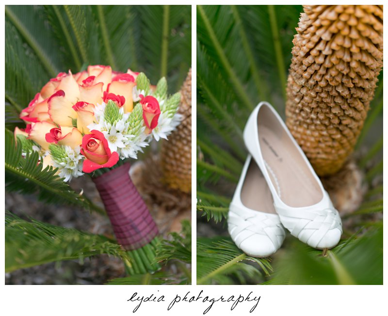 Roses and star of Bethlehem bouquet and shoes at elegant Bay Area, California wedding