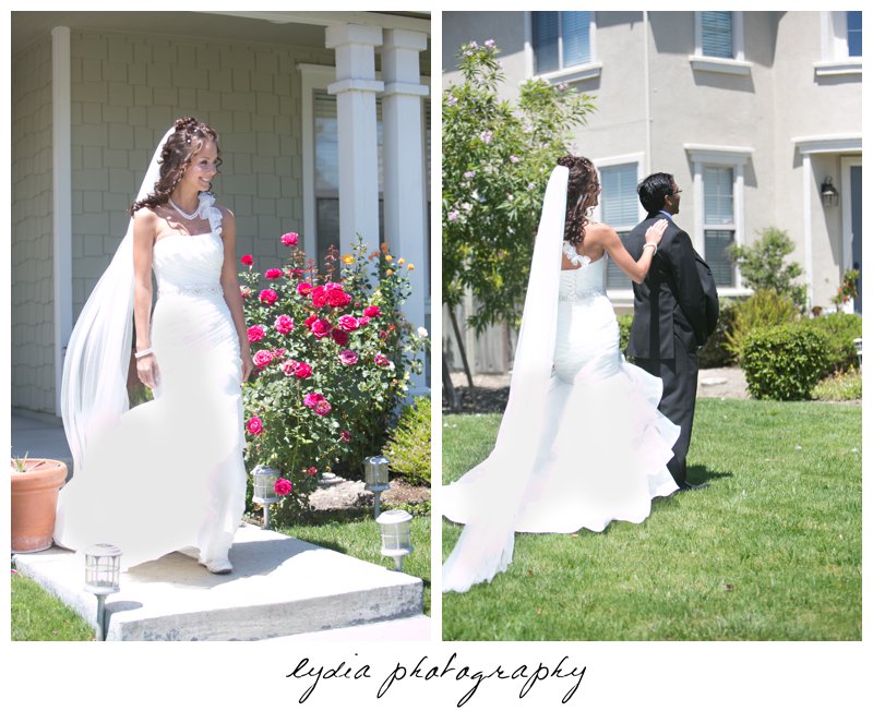 Bride walking down to the lawn at elegant Bay Area, California wedding