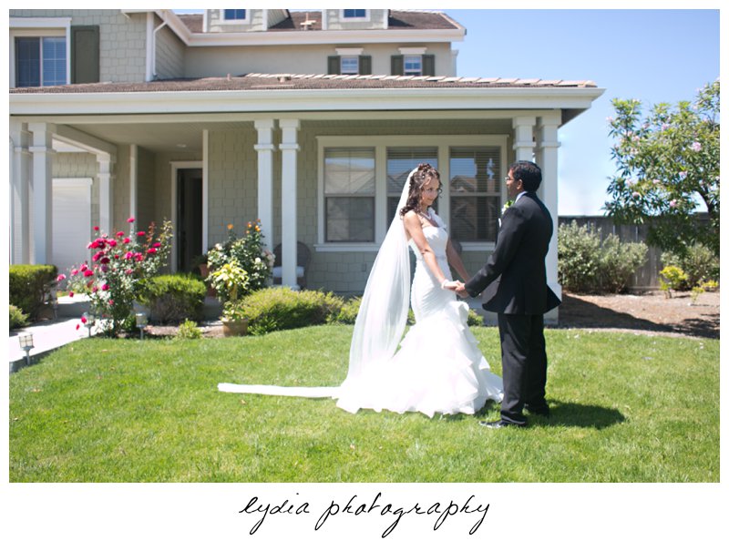 Bride and groom on the lawn at elegant Bay Area, California wedding