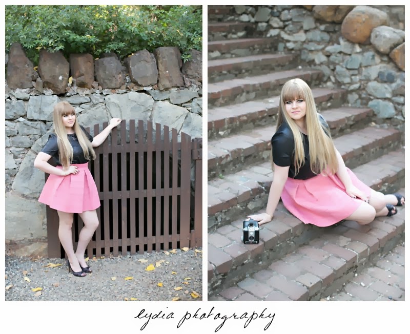 Sitting on the steps and infront of the mine for vintage fashion senior portraits at Empire Mine in Grass Valley, California