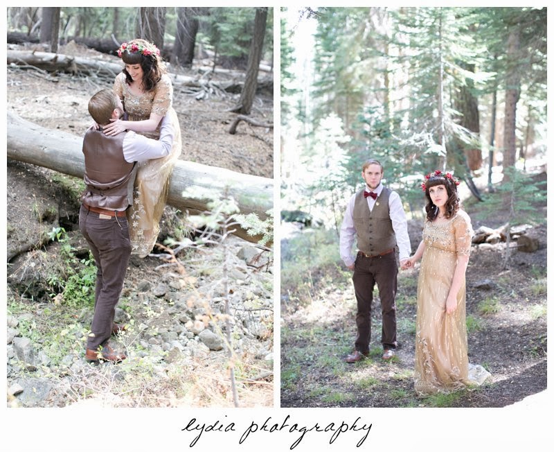 Groom and bride wearing Anthropologie gold dress on a logat intimate rustic vintage woodland wedding in Tahoe, California