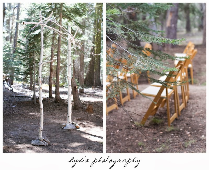 Woodland forest with an arch at intimate rustic vintage woodland wedding in Tahoe, California