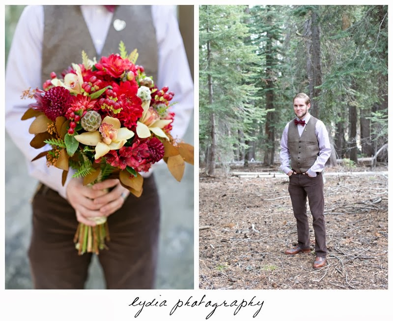 Groom holding bouquet Anthropologie gold dress at intimate rustic vintage woodland wedding in Tahoe, California