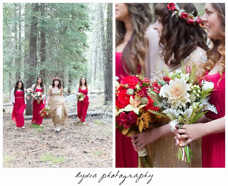 Bride and bridesmaids Anthropologie gold dress at intimate rustic vintage woodland wedding in Tahoe, California