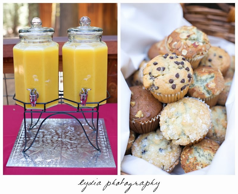 Orange juice and muffins at intimate rustic vintage woodland wedding in Tahoe, California