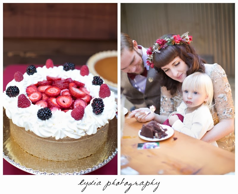 Bride and groom with baby at intimate rustic vintage woodland wedding in Tahoe, California