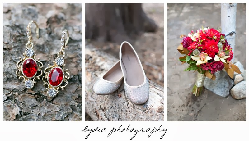 Brides Downton Abby jewelry and shoes Anthropologie gold dress at intimate rustic vintage woodland wedding in Tahoe, California