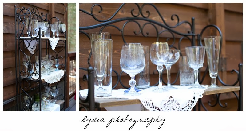 Glasses at intimate rustic vintage woodland wedding in Tahoe, California