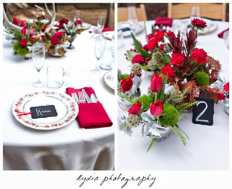 Table decorations with rustic antlers at intimate rustic vintage woodland wedding in Tahoe, California