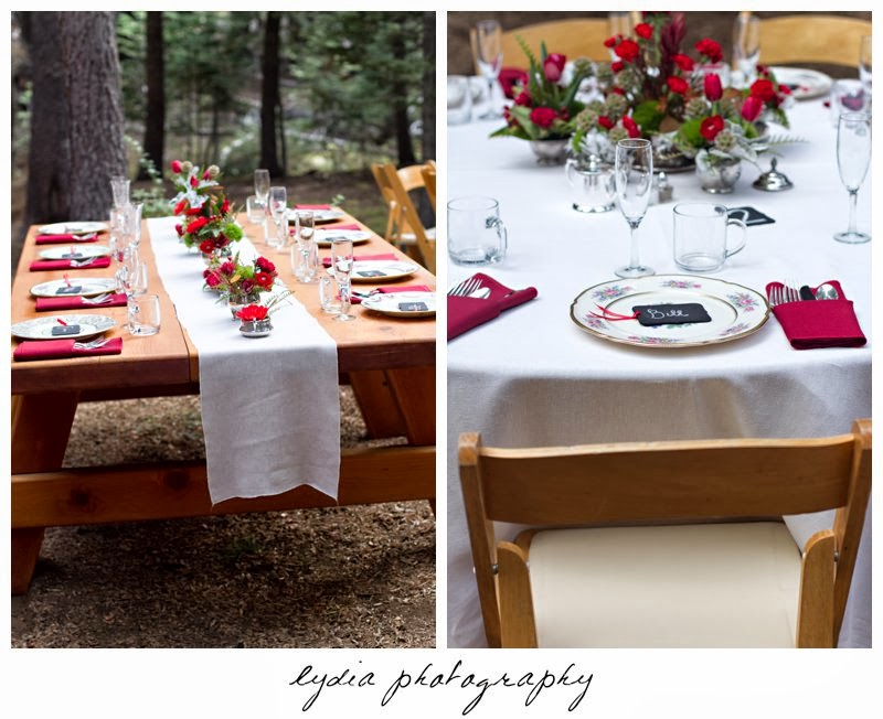 Table decorations at intimate rustic vintage woodland wedding in Tahoe, California