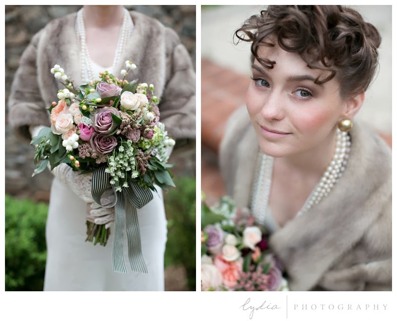 Bride with bouquet for vintage Downton Abbey wedding at Northstar House in Grass Valley, California