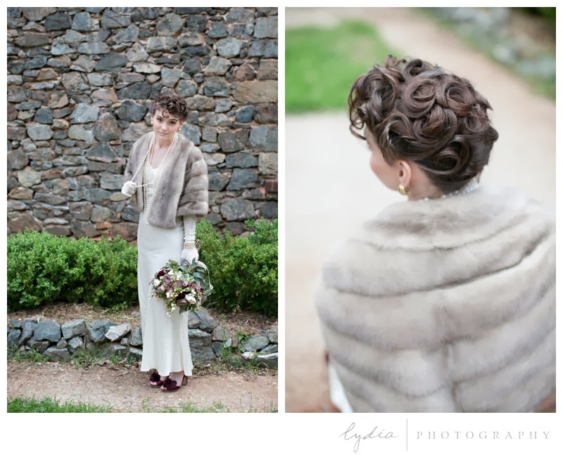 Bride with fur coat for vintage Downton Abbey wedding at Northstar House in Grass Valley, California