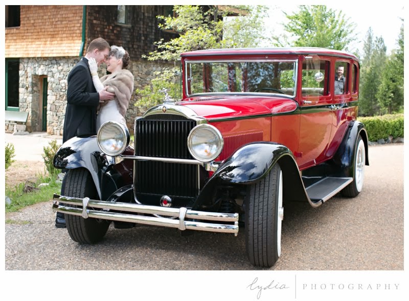 Bride and groom's wedding car for vintage Downton Abbey wedding at Northstar House in Grass Valley, California