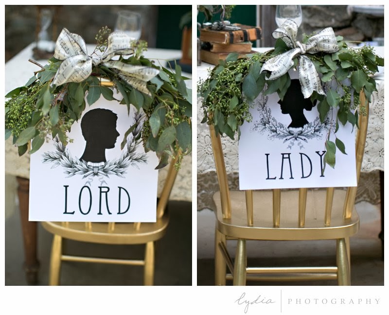 Chairs for bride and groom for vintage Downton Abbey wedding at Northstar House in Grass Valley, California