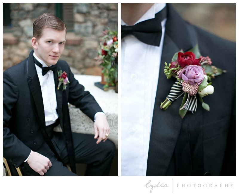 Groom with boutonniere for vintage Downton Abbey wedding at Northstar House in Grass Valley, California