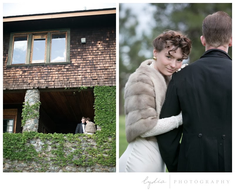 Bride and groom with house for vintage Downton Abbey wedding at Northstar House in Grass Valley, California