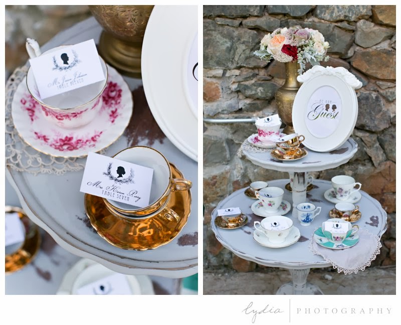 Teacups for vintage Downton Abbey wedding at Northstar House in Grass Valley, California