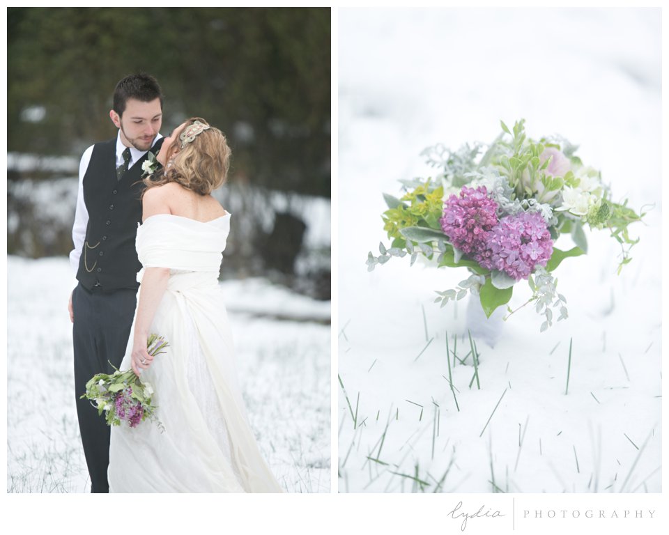 bride and groom and purple bouquet in the snow.