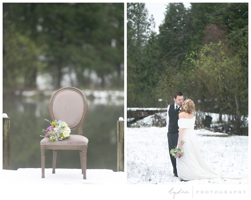 chair in the snow with bouquet and bride and groom in the snow