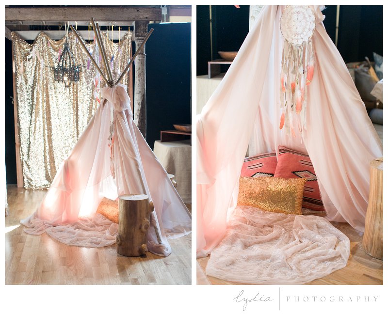 Vintage bohemian tepee with pink sheer and gold sequins