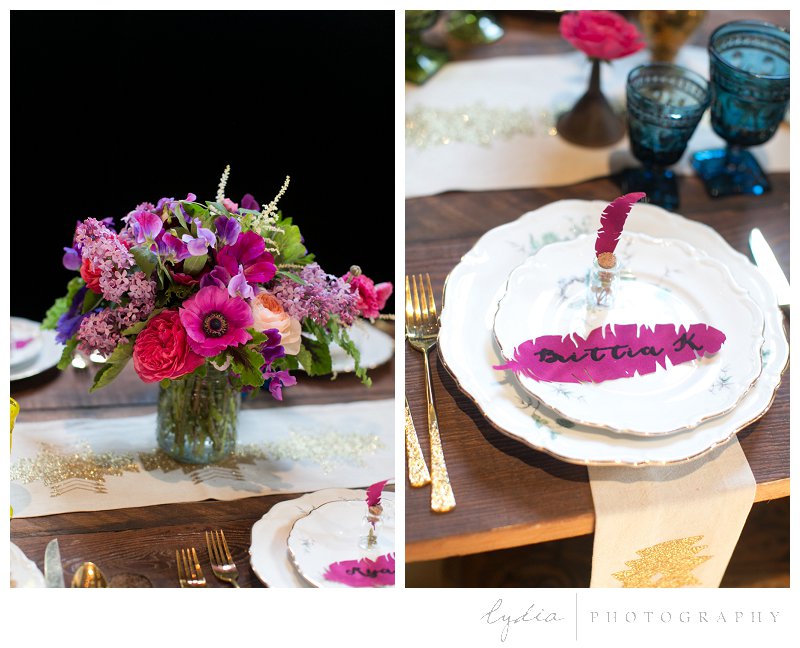 Vintage bohemian wedding reception flowers and table settings with feathers and succulents