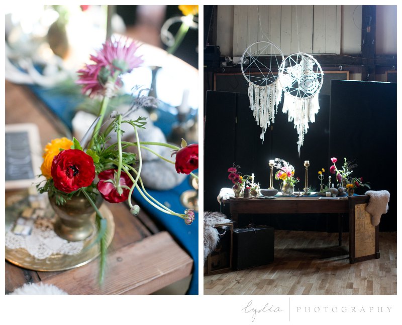 Vintage bohemian wedding reception table decorations 