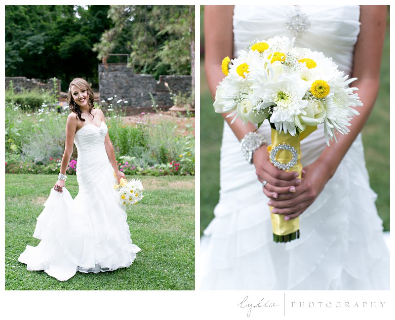 Bride in the garden with bouquet at elegant vintage Empire Mine wedding in Grass Valley, California
