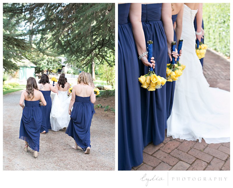 Bride and bridesmaids with bouquets at elegant vintage Empire Mine wedding in Grass Valley, California