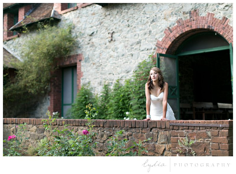 Bride at the cottage at elegant vintage Empire Mine wedding in Grass Valley, California