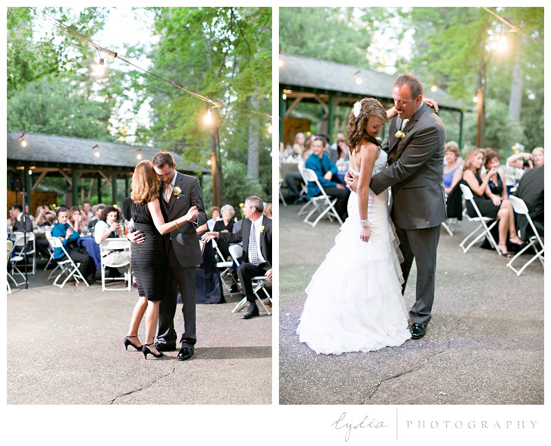 Bride and father, groom and mother first dance at elegant vintage Empire Mine wedding in Grass Valley, California
