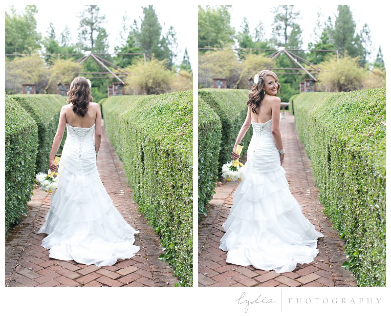 Bride walking in the rose garden at elegant vintage Empire Mine wedding in Grass Valley, California