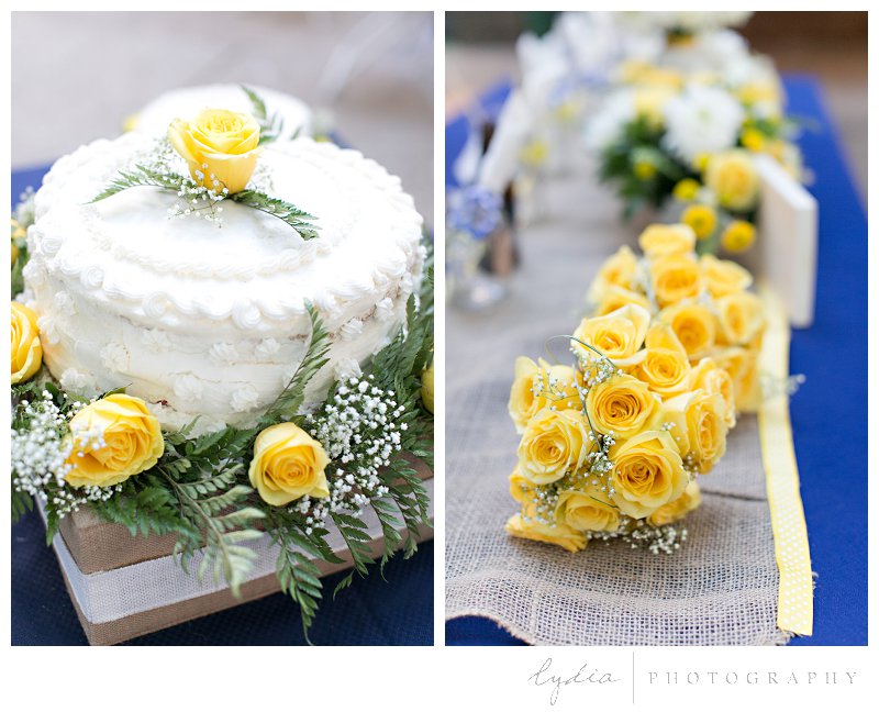 Table decor and wedding cake at elegant vintage Empire Mine wedding in Grass Valley, California