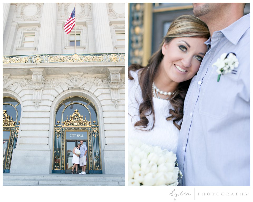 Bride and groom at the door at black and white City Hall wedding in San Francisco, California