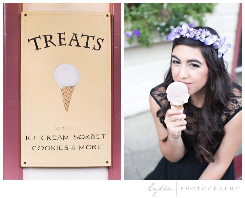 Senior girl eating Treats ice cream for lifestyle senior portraits at Nevada City