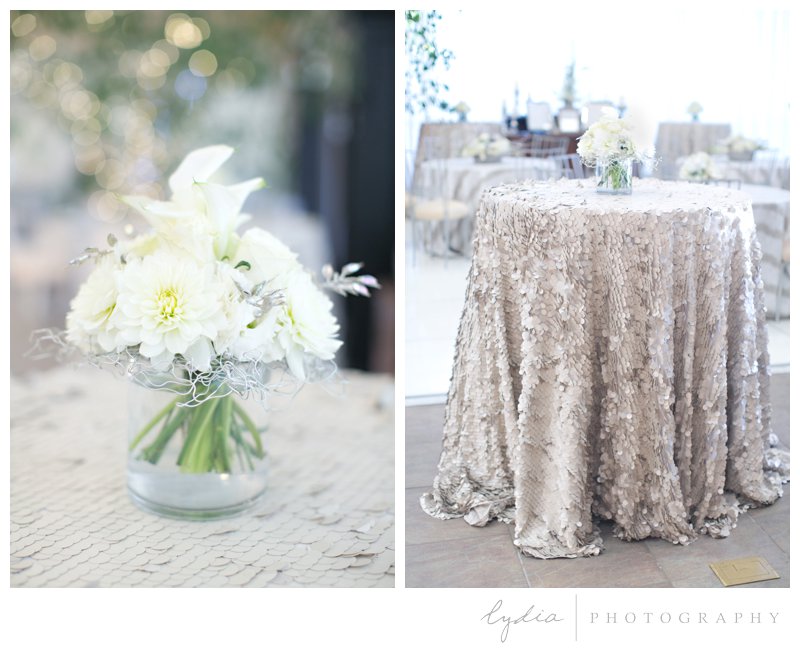 Elegant sequin tablecloth for anniversary portraits at Foothills Event Center