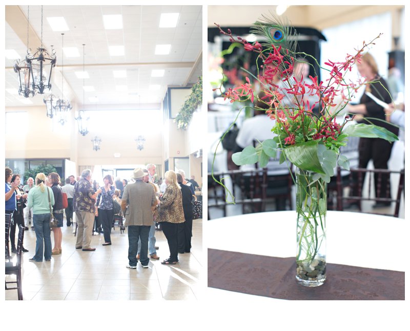 Guests mingling and an orchid centerpiece at The Foothills Events Center in Grass Valley, California.