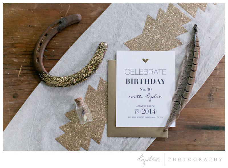 Gold sparkly Invitation for 30th birthday party in Grass Valley, California