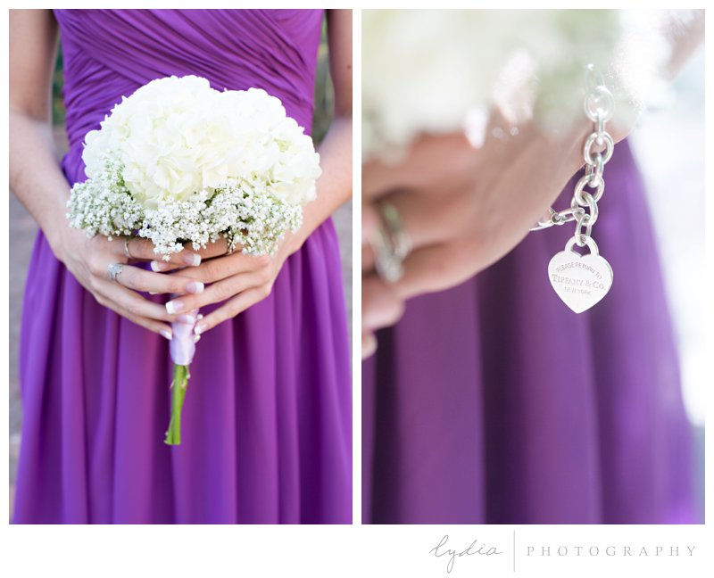 Tiffany and Co. jewelry bracelet charm and a bouquet at Empire Mine fairytale wedding in Grass Valley, California 