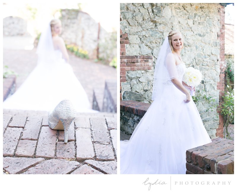 Bride's Cinderella gown and crystal studded heels at Empire Mine fairytale wedding in Grass Valley, California 