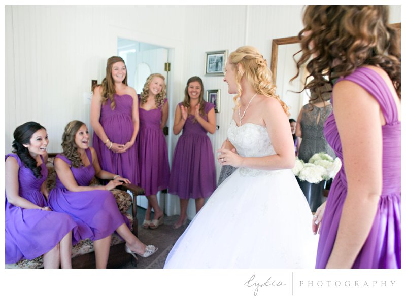 Bridesmaids in purple dresses at Empire Mine fairytale wedding in Grass Valley, California 