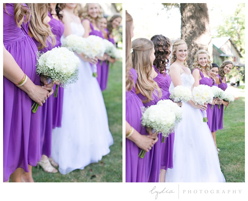 Bridesmaids all in purple at Empire Mine fairytale wedding in Grass Valley, California 