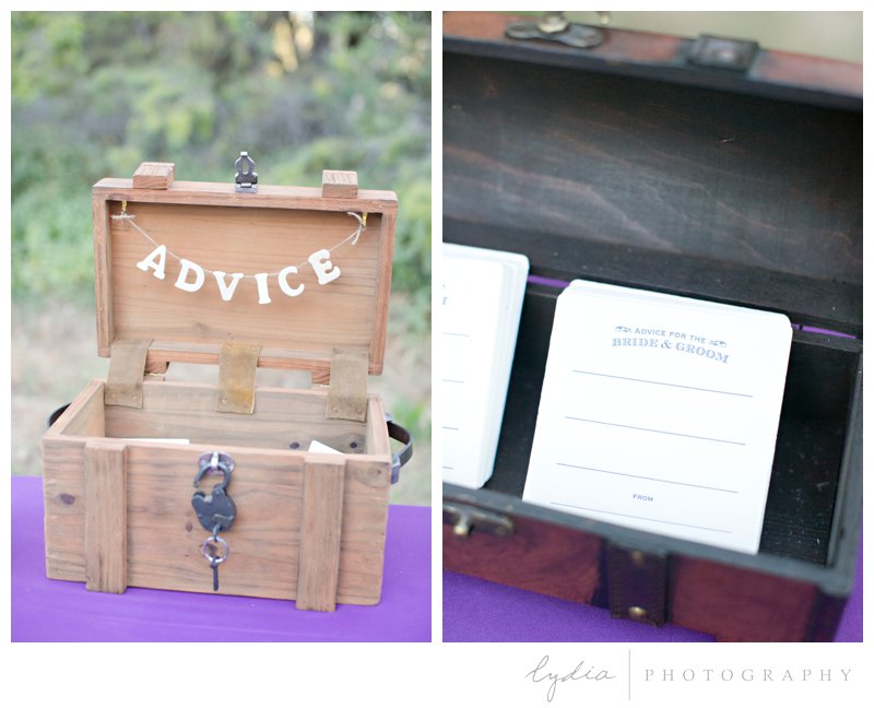 Advice box for the bride and groom at Squirrel Creek Ranch fairytale wedding in Grass Valley, California 