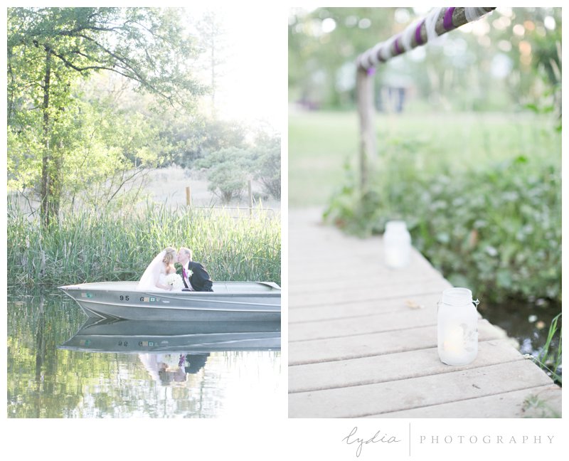 Bride and groom in a boat at Squirrel Creek Ranch fairytale wedding in Grass Valley, California  