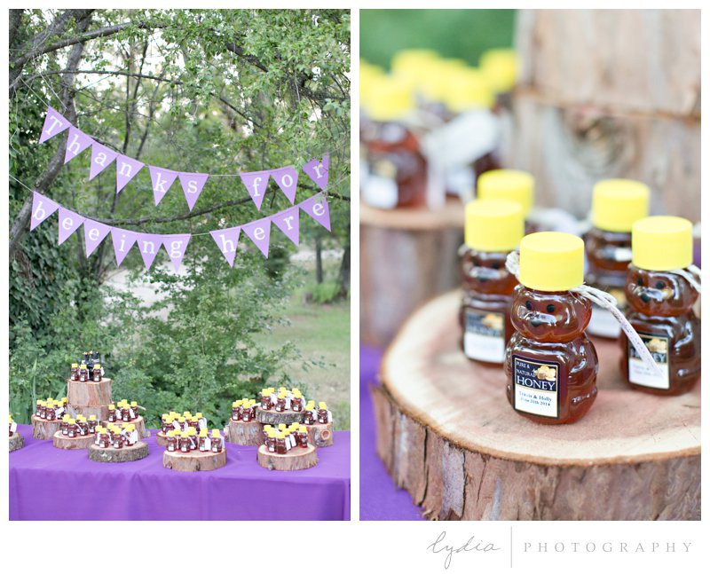 Honey bear party favors at Squirrel Creek Ranch fairytale wedding in Grass Valley, California 