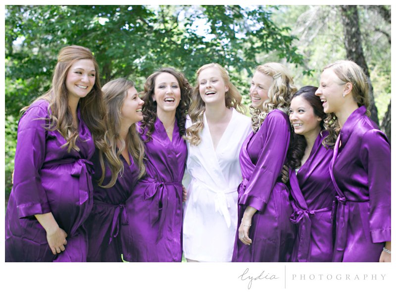 Matching robes on bridesmaids at Squirrel Creek Ranch fairytale wedding in Grass Valley, California 
