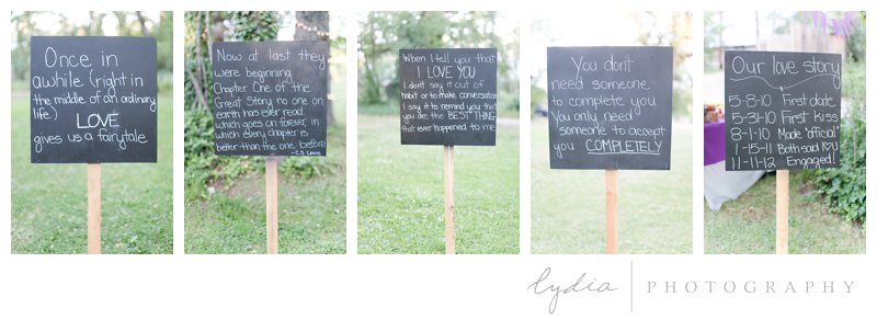 Bride's and groom's story on chalk board signs at Squirrel Creek Ranch fairytale wedding in Grass Valley, California 