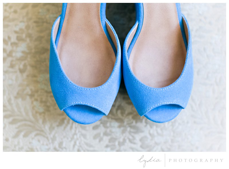 Bride's blue wedge heels at Schrammsberg Estate wedding in Grass Valley, California