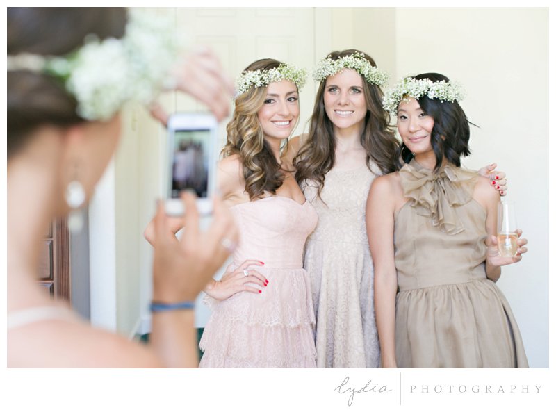 Bridesmaids at a garden wedding at Schrammsberg Estate in Grass Valley, California